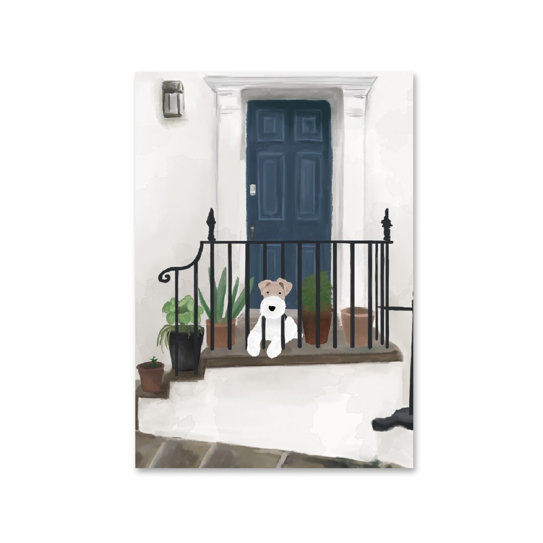 Wirefoxterrier 刚毛猎狐梗明信片 水彩画门栏杆前 - 卡片/明信片 - 纸 白色