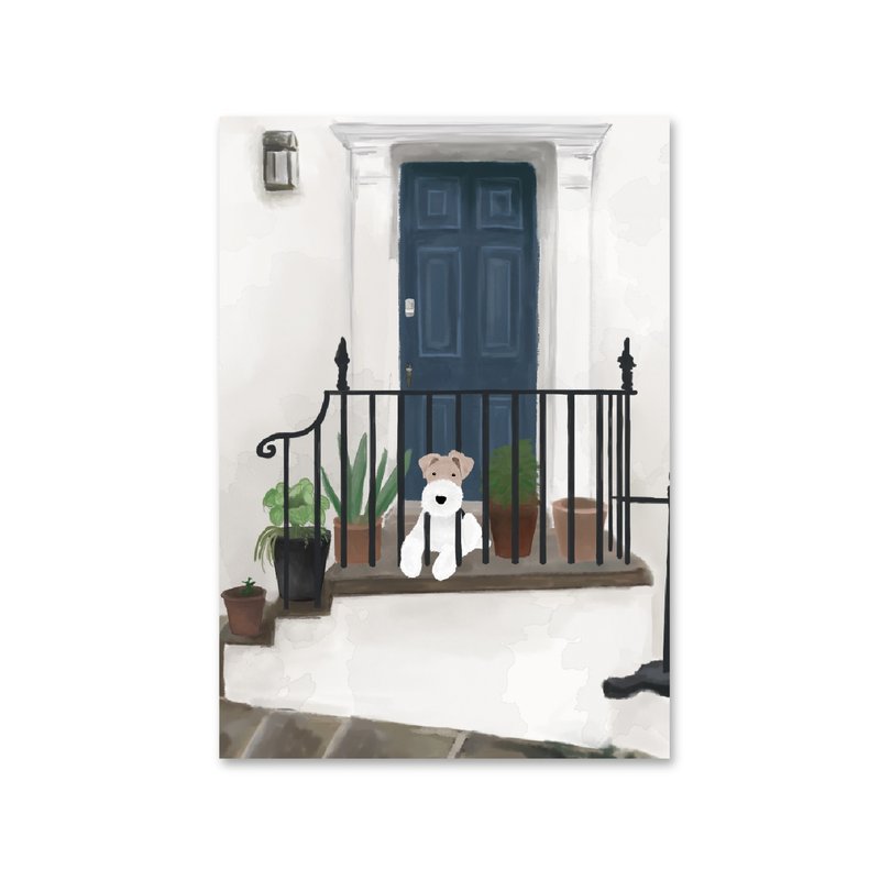 Wirefoxterrier 刚毛猎狐梗明信片 水彩画门栏杆前 - 卡片/明信片 - 纸 白色