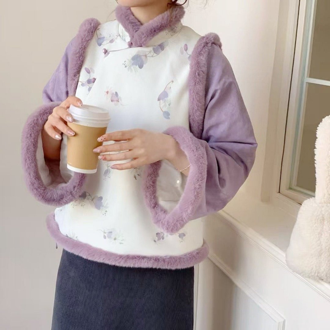 香芋紫水墨印花假兩件上衣 加棉保暖毛領外套 新中式春節戰袍 - 女装上衣 - 聚酯纤维 紫色