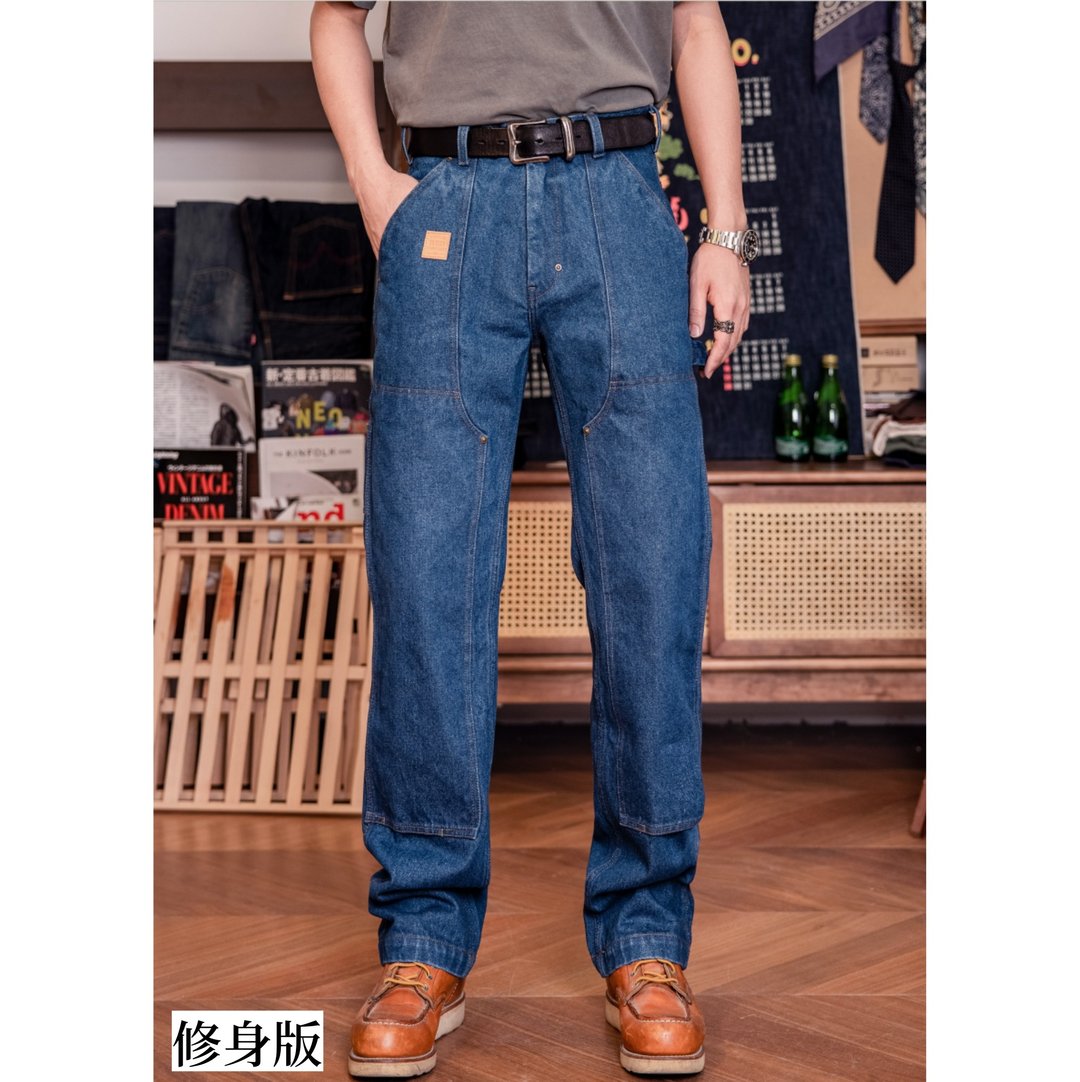 牛仔裤 工装裤 15oz 中高腰宽松直筒 已洗水 B01 伐木裤 画家裤 - 男士长裤 - 棉 蓝色