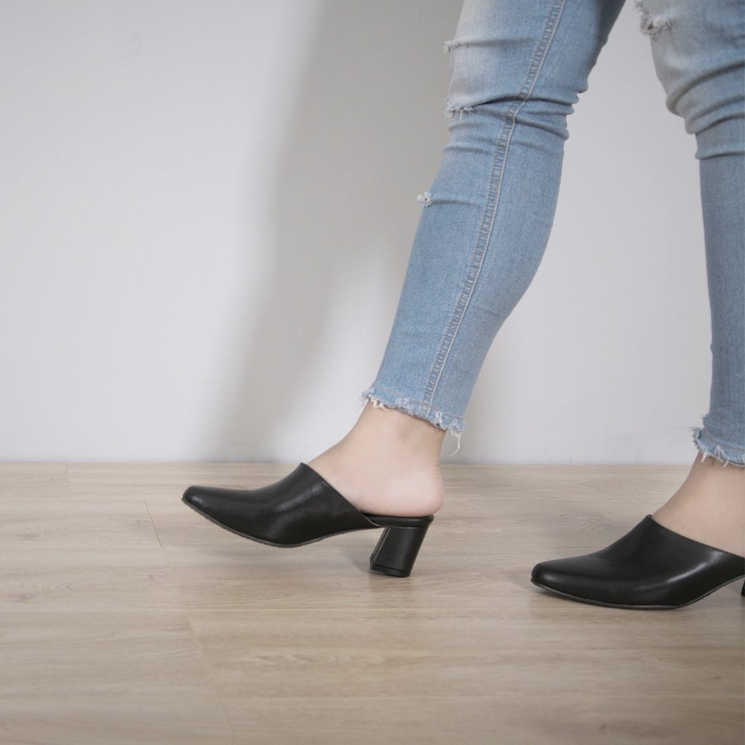 Mules Heels (极致黑) Black 中高跟穆勒 | WL - 穆勒鞋 - 真皮 黑色