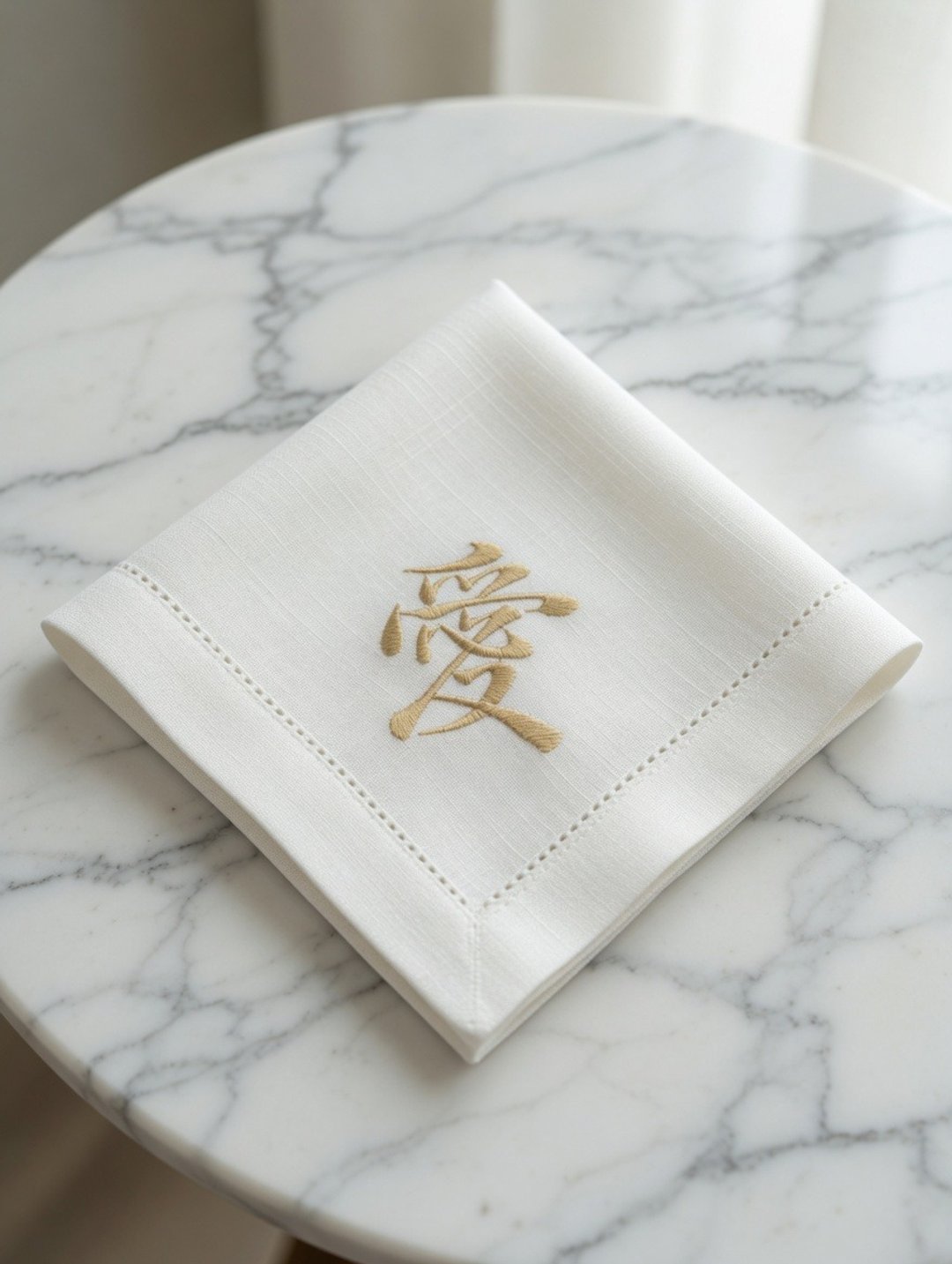 定制刺绣金色字餐巾 爱心中文刺绣手帕 婚礼 情侣 家居桌饰 - 餐桌/书桌 - 亚麻 白色