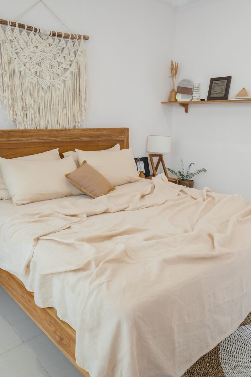 Beige linen flat sheet / Linen bedsheet / Softened stonewashed linen sheet - 寝具 - 亚麻 卡其色