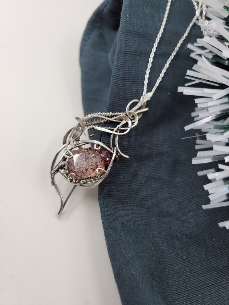 长方型宝石切割面红超七 999纯银 手工绕线  项链 - 项链 - 纯银 