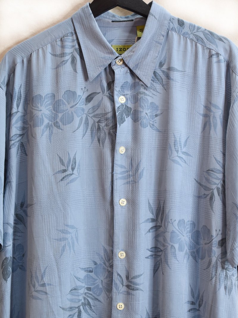 Vintage 丝质暗纹衬衫 水蓝扶桑花 - 男装衬衫 - 丝．绢 