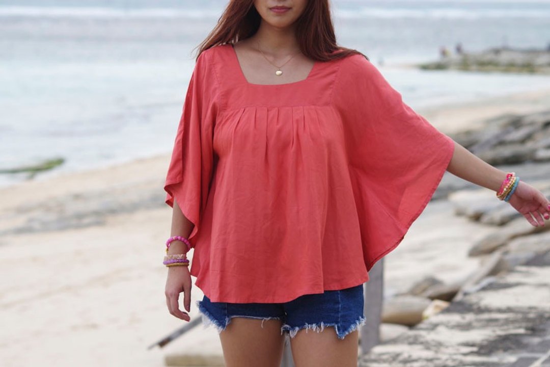Square neck tops <coral> - 女装上衣 - 其他材质 红色