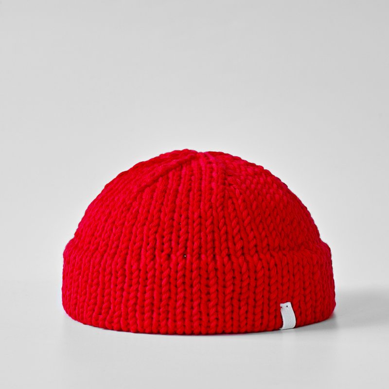 K031 手工编织超短圆顶毛帽水兵帽 - 红 - 帽子 - 棉．麻 红色
