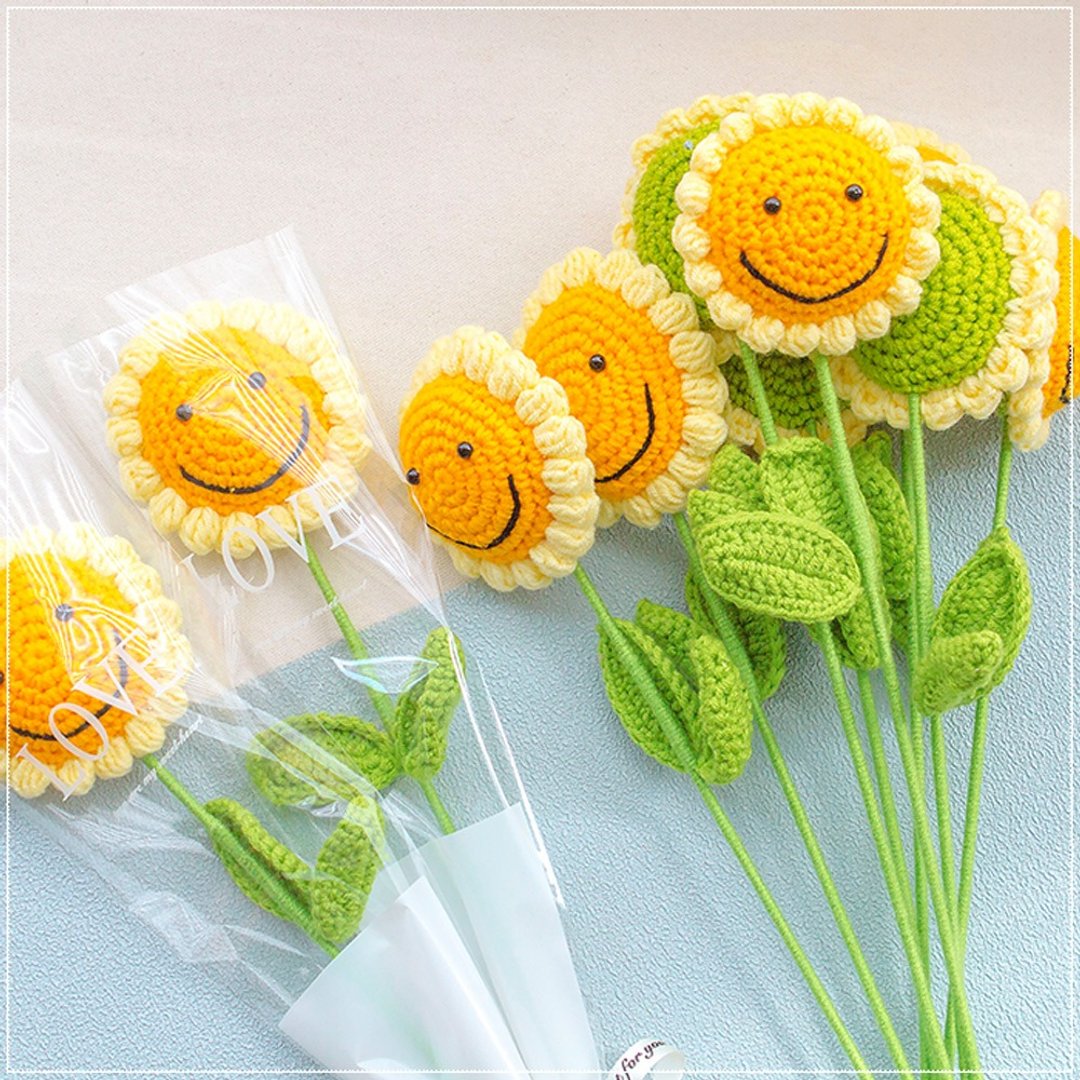单支 - 手工编织笑脸向日葵 毕业花束 教师节花束 父亲节花束 - 摆饰 - 其他人造纤维 黄色