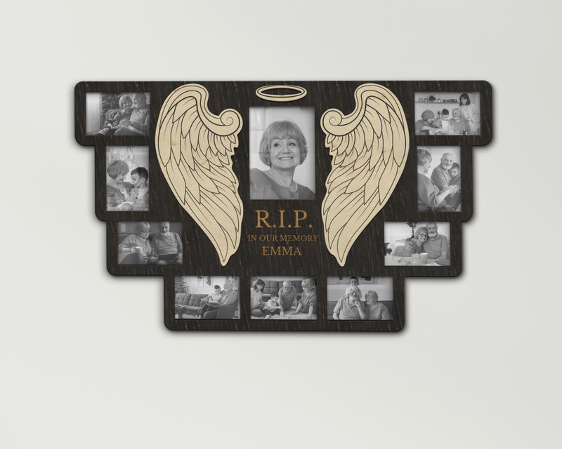 Wall mounted photo frame collage with halo and wings Loss of a loved person - 画框/相框 - 木头 黑色