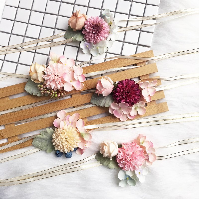 粉色系 幸福花嫁 仿真丝花手腕花一个 文青感 新郎 新娘 伴娘 - 手链/手环 - 植物．花 多色