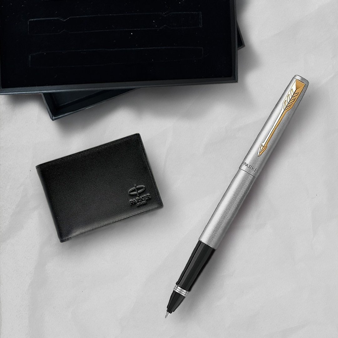 Parker 派克Jotter原创系列 钢金夹钢珠笔 牛皮短夹礼盒 - 钢珠笔 - 其他金属 银色