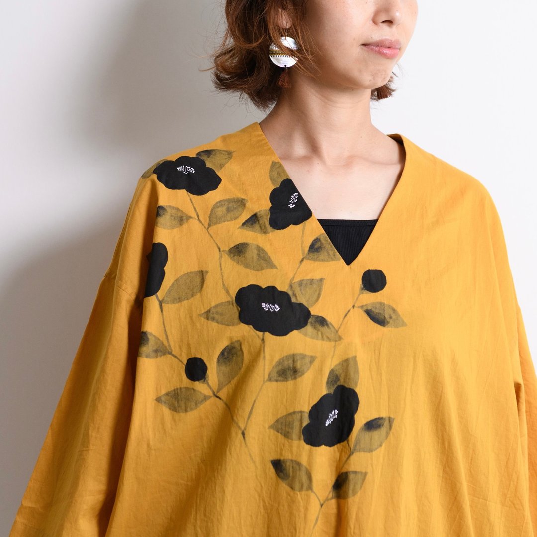 宽松 kaftan 洋装・手绘・山茶花 - 洋装/连衣裙 - 棉 橘色