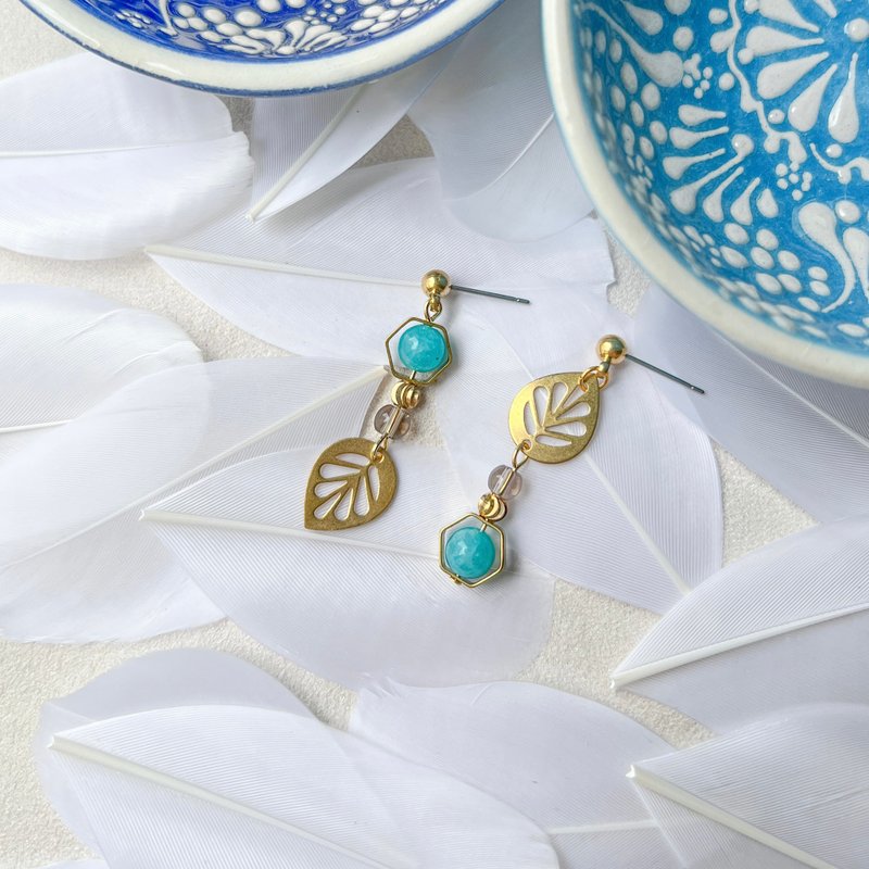 旅行系列-天河石-菩提叶-半宝石黄铜耳环 - 耳环/耳夹 - 贵金属 蓝色