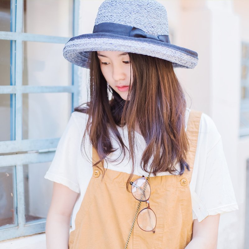 张可爱帽子圆顶卷边拉菲草可爱蝴蝶结装饰草帽 - 帽子 - 植物．花 蓝色