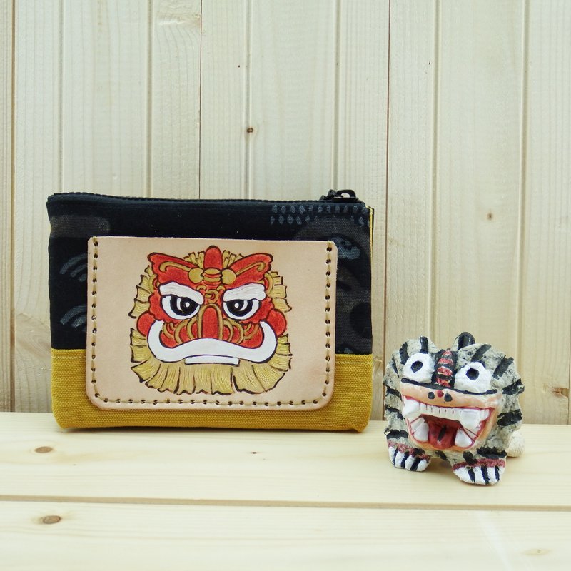 植鞣皮革酒袋布多层零钱包吉祥狮 - 零钱包 - 真皮 红色