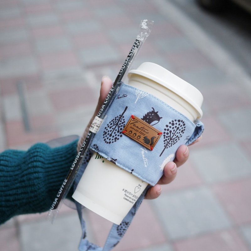 布花双层隔热饮料提袋 -丛林躲猫猫- (天空蓝)/交换礼物/毕业季 - 随行杯提袋/水壶袋 - 棉．麻 蓝色