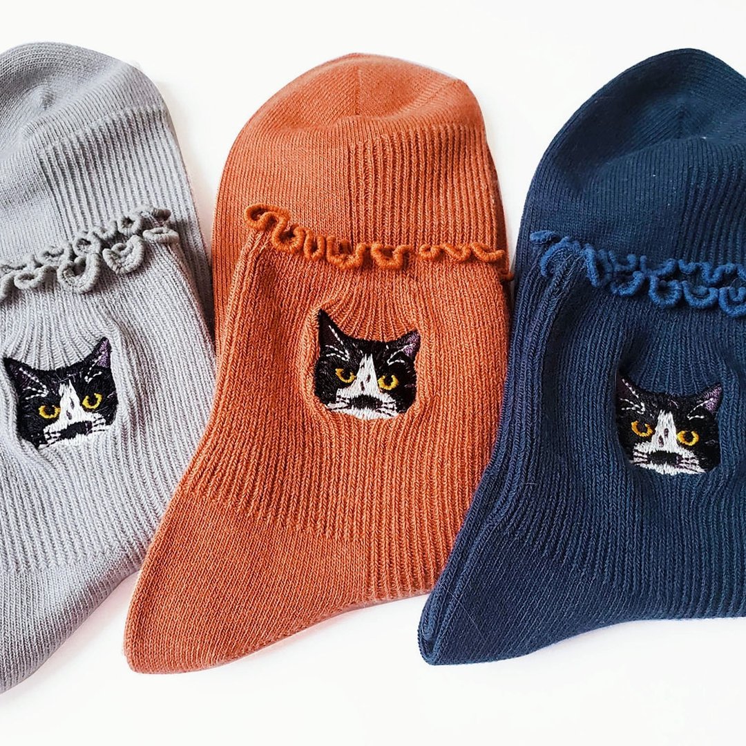 Cat ankle socks  nyaigs  Tuxedo cat 3pieces set - 袜子 - 棉 蓝色