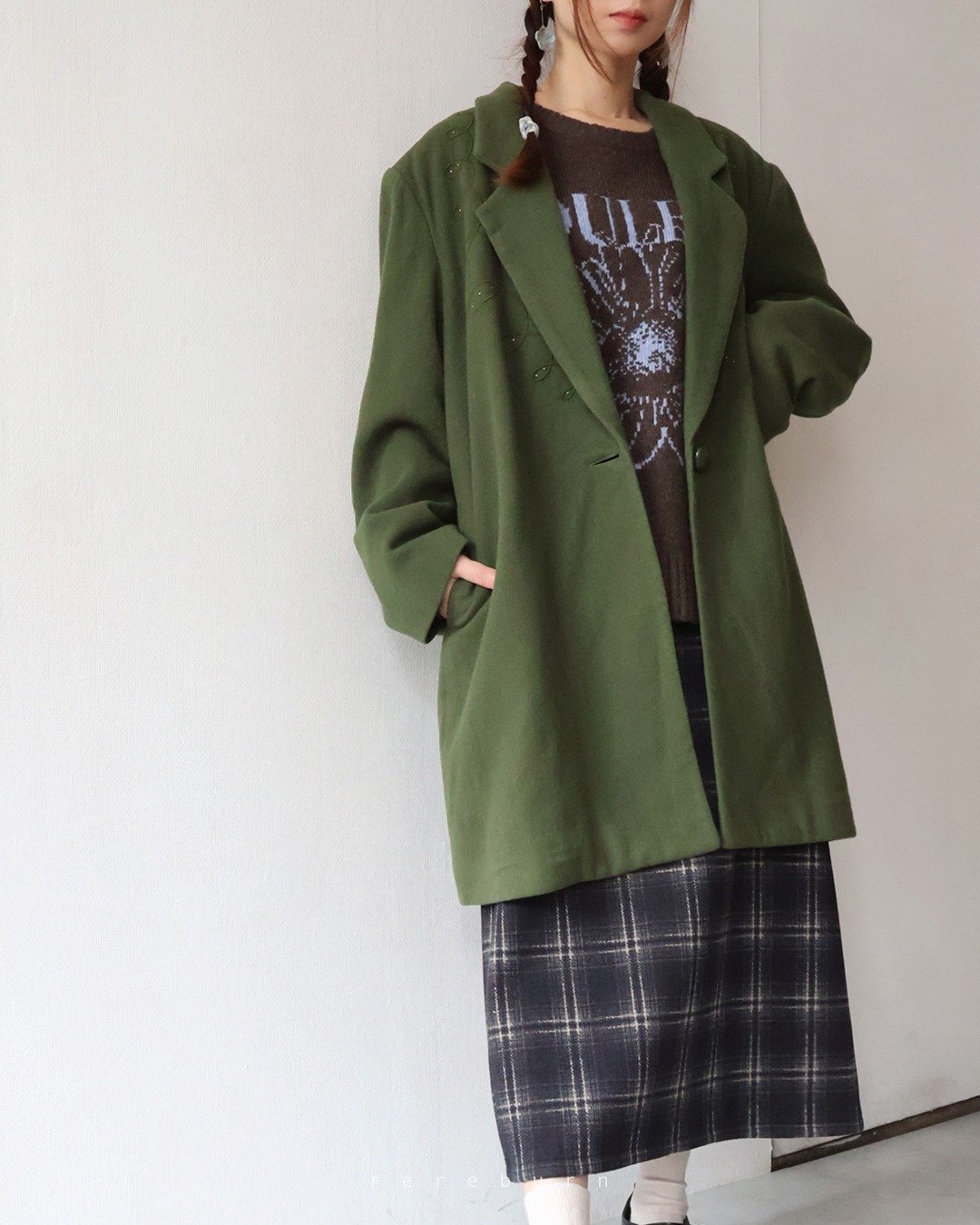 早春复古剪裁日本制羊毛绿色宽松古着大衣外套 - 女装休闲/机能外套 - 羊毛 绿色