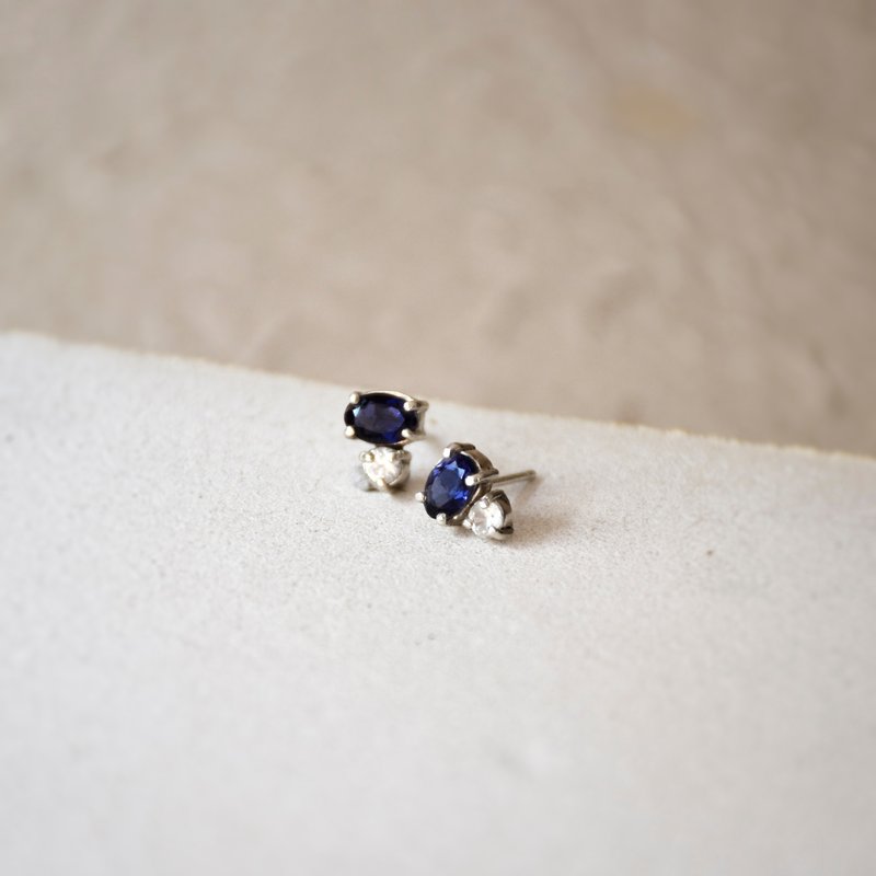 手制天然堇青石配锆石耳钉耳环 // 天然宝石 - 耳环/耳夹 - 宝石 蓝色