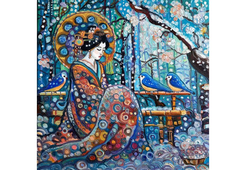 原创画 艺妓与鸟 绘画 原创艺术 油画 油画 - 墙贴/壁贴 - 其他材质 蓝色