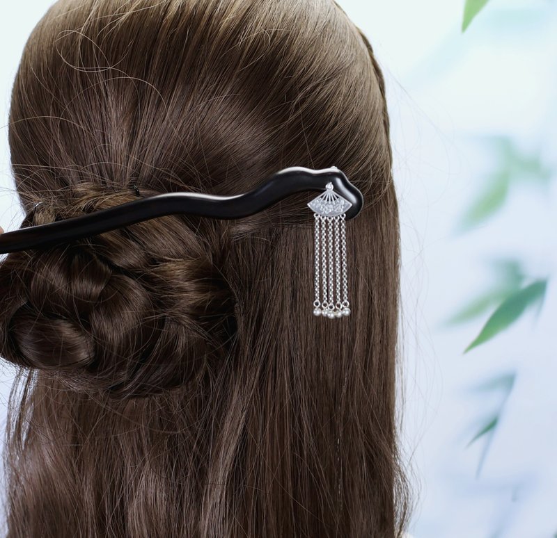 柠檬手作发饰  925纯银花扇流苏黑檀木发簪 - 发饰 - 木头 银色