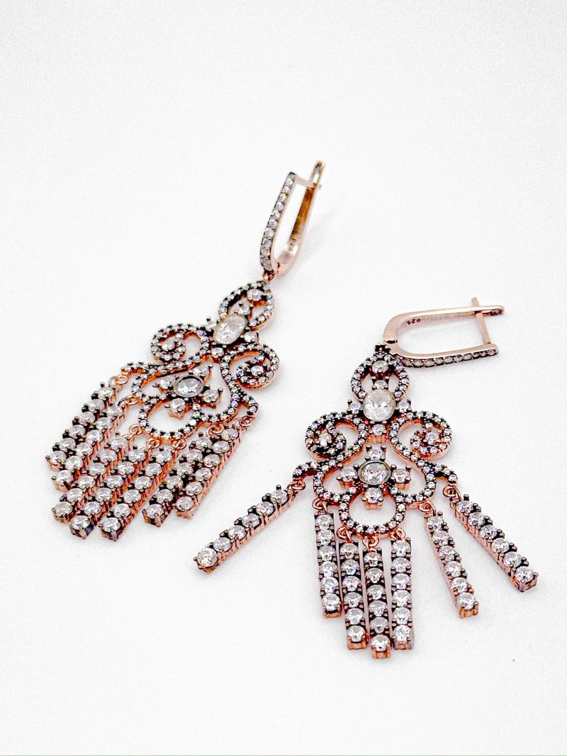 轻奢首饰系列——装饰艺术・美学时代玫瑰金吊灯耳环 - 耳环/耳夹 - 玫瑰金 粉红色