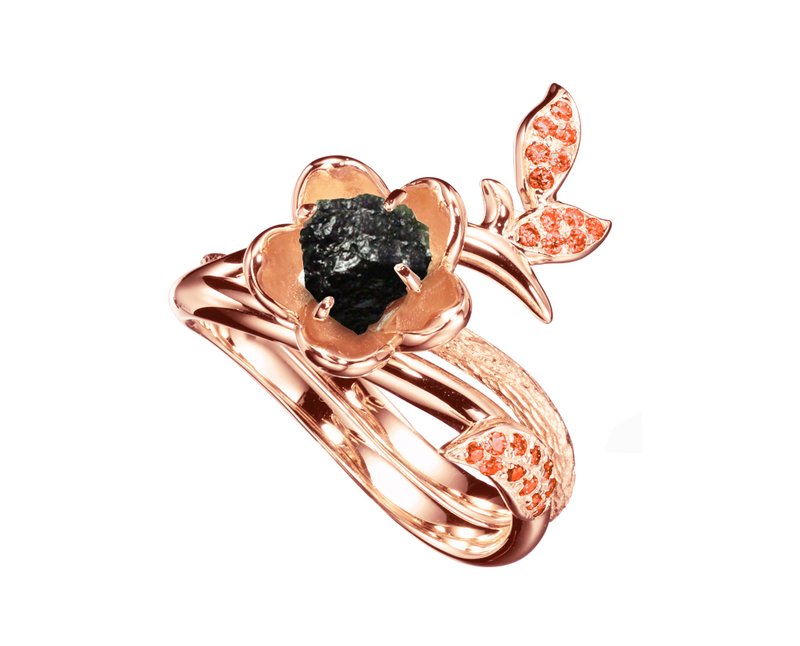 黑碧玺14k橘橙宝石梅花求婚戒指套装  独特植物原石订婚戒指组合 - 对戒 - 贵金属 黑色