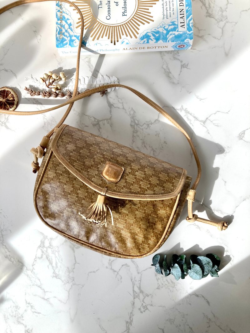 【特选货品】中古二手Celine咖啡色凯旋门老花斜背单肩侧孭小包 - 侧背包/斜挎包 - 人造皮革 卡其色