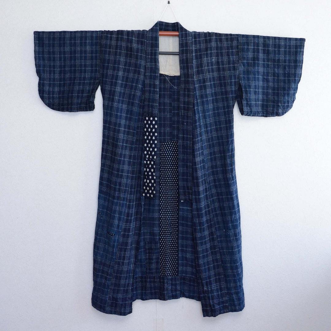 碎白道花纹布和服靛蓝染色汤疯狂图案棉日本复古长木大正昭和 - 女装休闲/机能外套 - 棉 蓝色