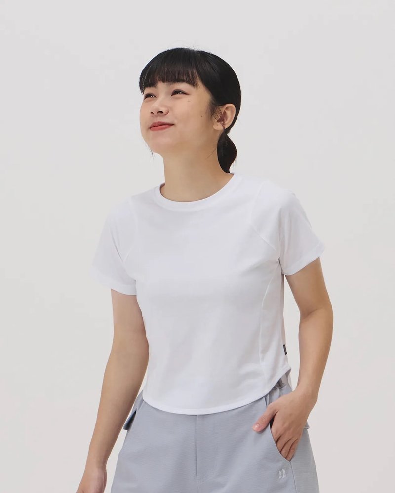圆摆剪接短Tee (白) - 女装 T 恤 - 棉．麻 白色