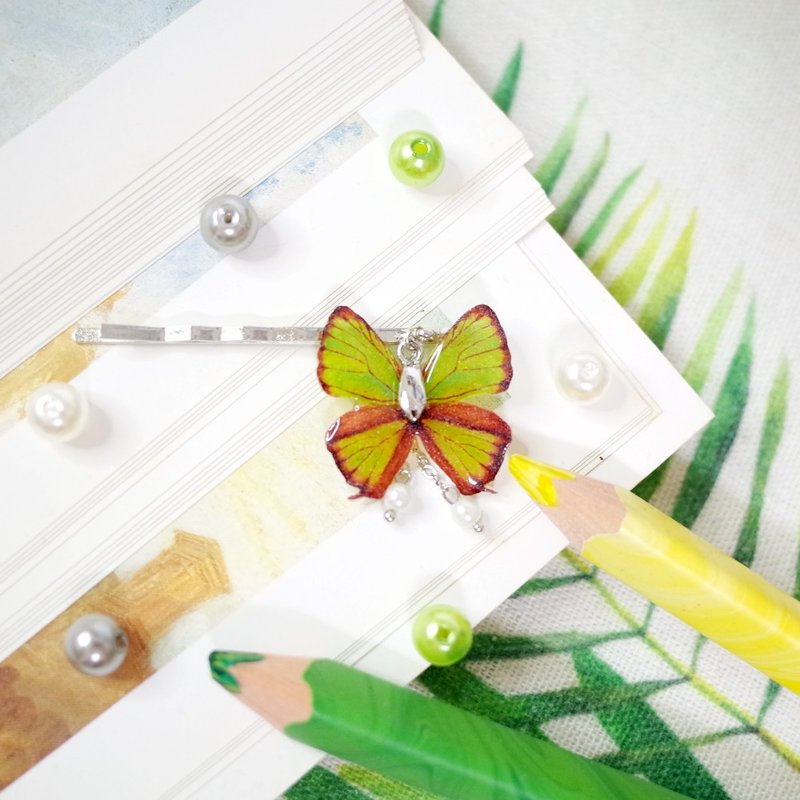 台湾特有种 西风翠灰蝶 一字夹 发夹 - 发饰 - 防水材质 绿色