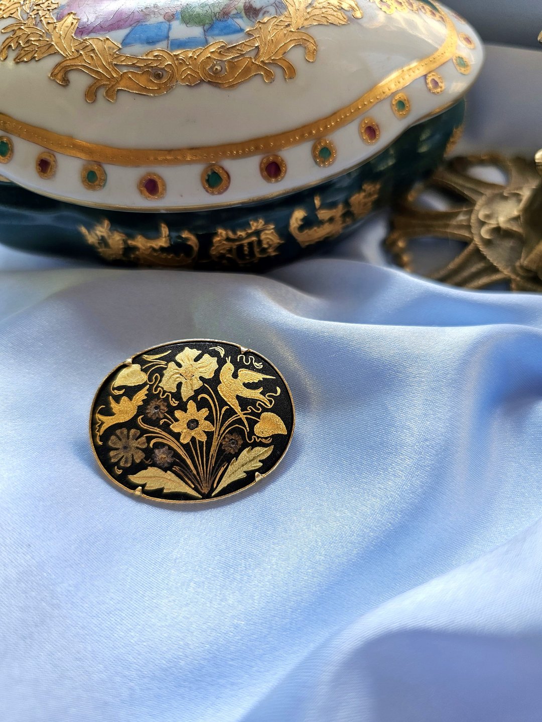 西班牙大马士革爱情鸟花园椭圆胸针Damascening美国西洋古董饰品 - 胸针 - 其他金属 