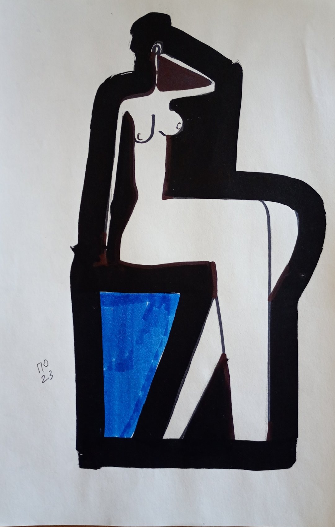 非常时尚和概念立体派风格的裸体女人在椅子上的身体图画 - 海报/装饰画/版画 - 纸 白色