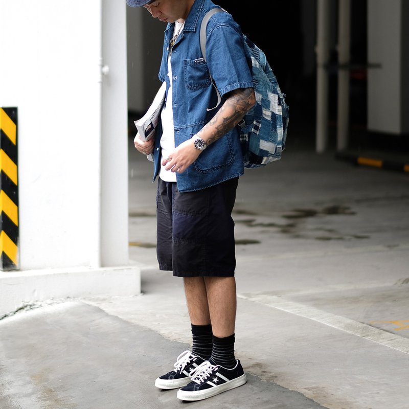 日式刺子绣牛仔短袖衬衫 - 男装衬衫 - 棉．麻 