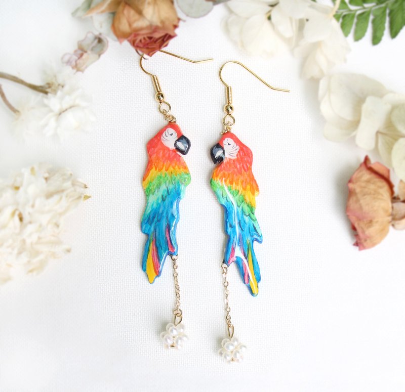 红绿 金刚鹦鹉 珍珠 耳钩 耳环 / 手绘 / 鸟类 / 森林系 - 耳环/耳夹 - 粘土 多色
