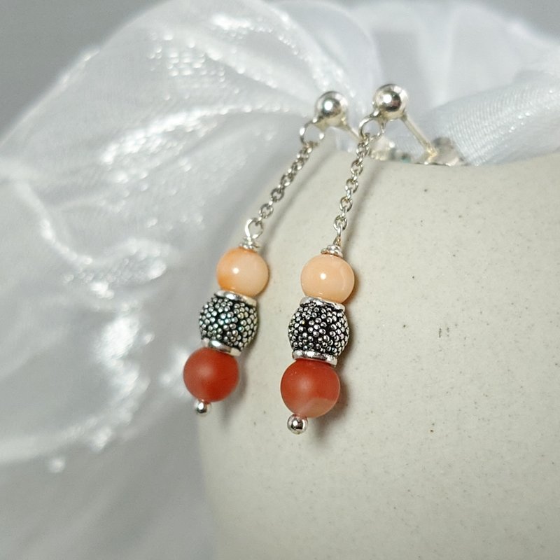 耳环 天然 粉红珊瑚 磨砂感 红玛瑙 925银饰 饰品 首饰 - 耳环/耳夹 - 宝石 