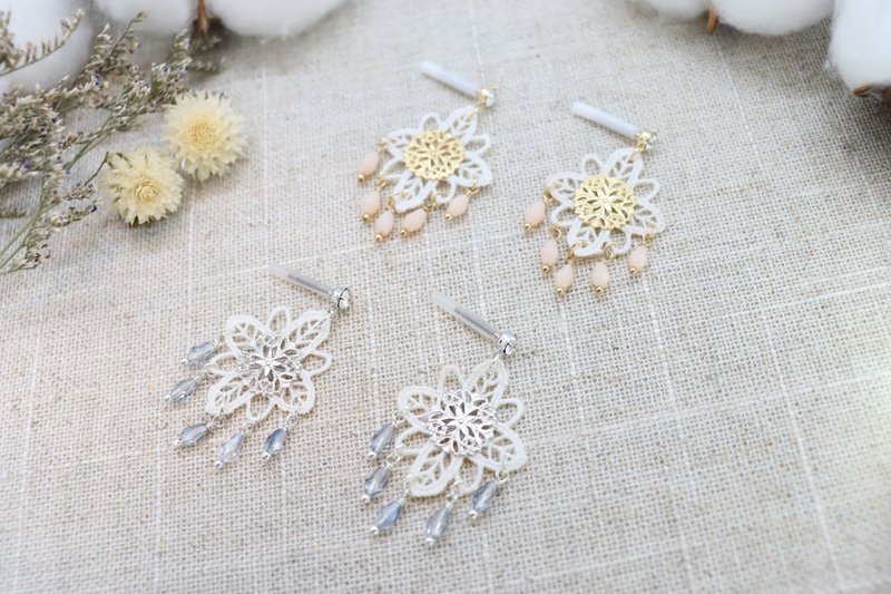 White Silk Lace & Crystals Unique Chandelier Titanium Post Earrings - 耳环/耳夹 - 丝．绢 