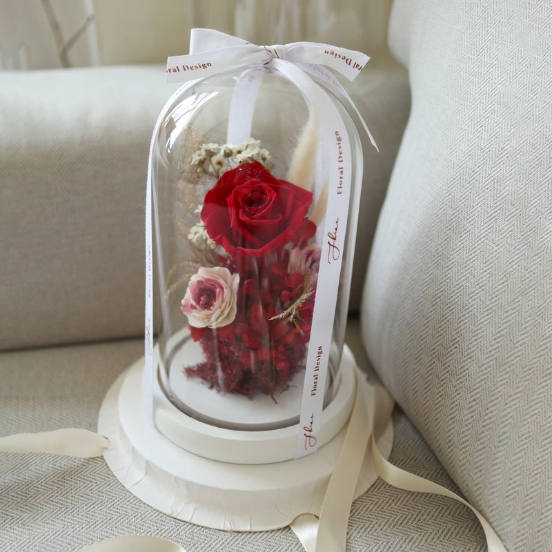 经典红 永生玫瑰玻璃钟罩(此款有灯光特效)-大 - 干燥花/捧花 - 植物．花 红色