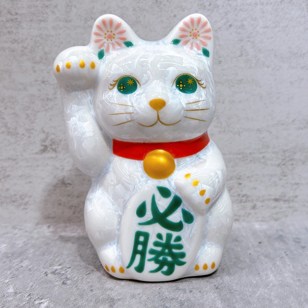 【花语胜喵】日本清水烧招财猫 | 花结晶 白 必胜 右 特小 - 摆饰 - 瓷 白色