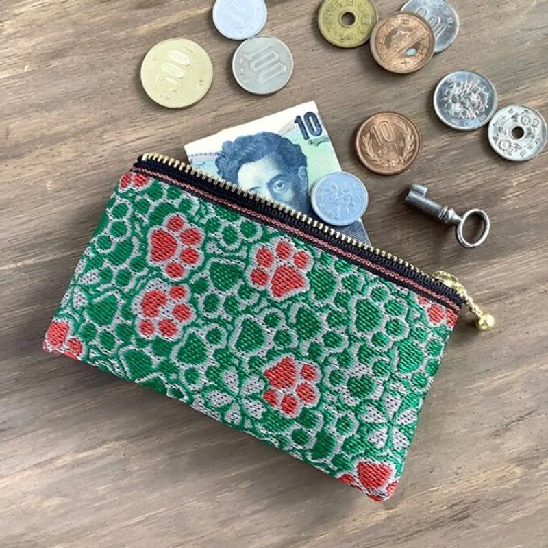【肉球与樱花】榻榻米边饰 扁平迷你收纳包 零钱包 卡片夹 日式风格 绿色 红色 脚印 狗狗 - 化妆包/杂物包 - 其他材质 绿色