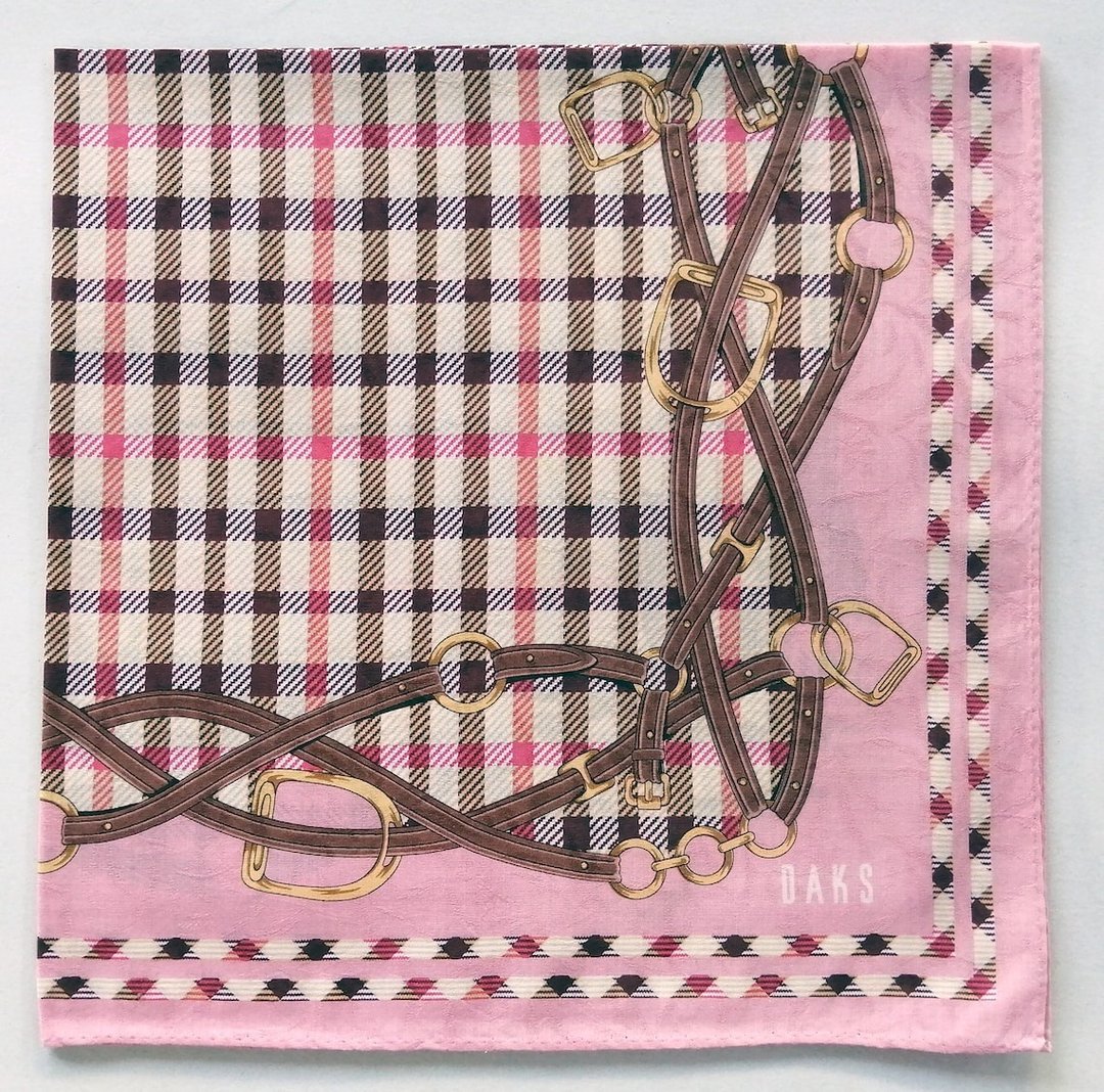 DAKS Vintage Handkerchief Horse Bridle Pink Brown 21 x 21 inches - 丝巾 - 棉．麻 粉红色