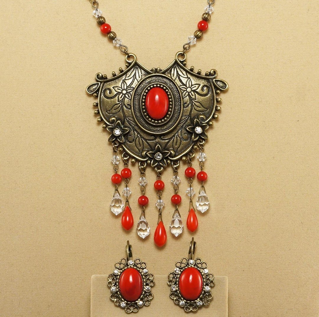 Red Coral Jewelry Set Necklace and Earrings Bronze Boho Ethnic Necklace Jewelry - 项链 - 半宝石 红色