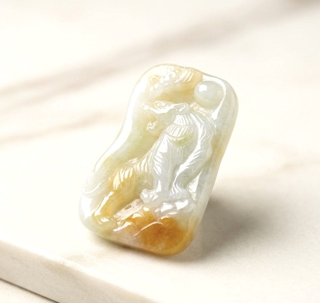 飘黄翡翡翠上山虎牌项链 | 天然缅甸玉A货翡翠 | 送礼 - 项链 - 玉石 黄色