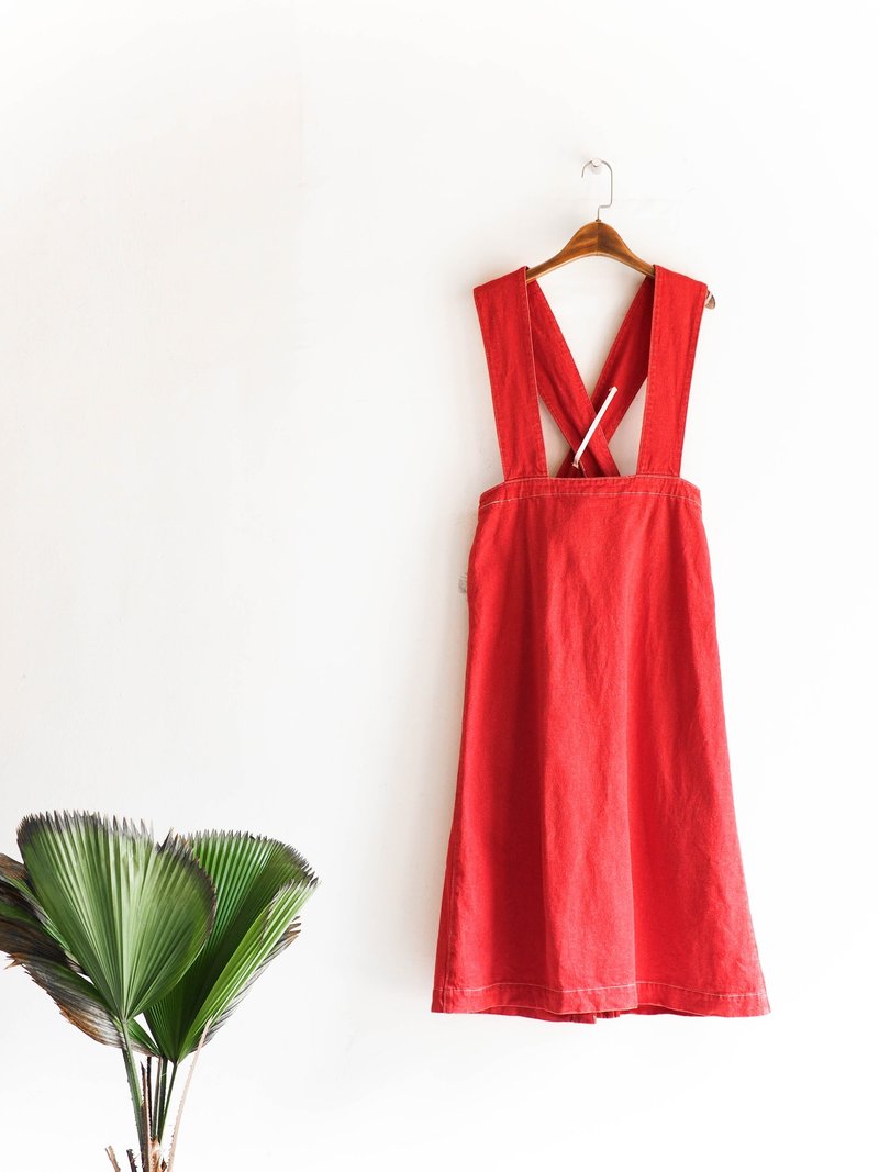 河水山 - 山形经典橘红恋爱手札 连身丹宁吊带长裙 背心裙 薄磅 中性 日本 overalls oversize vintage - 洋装/连衣裙 - 棉．麻 红色