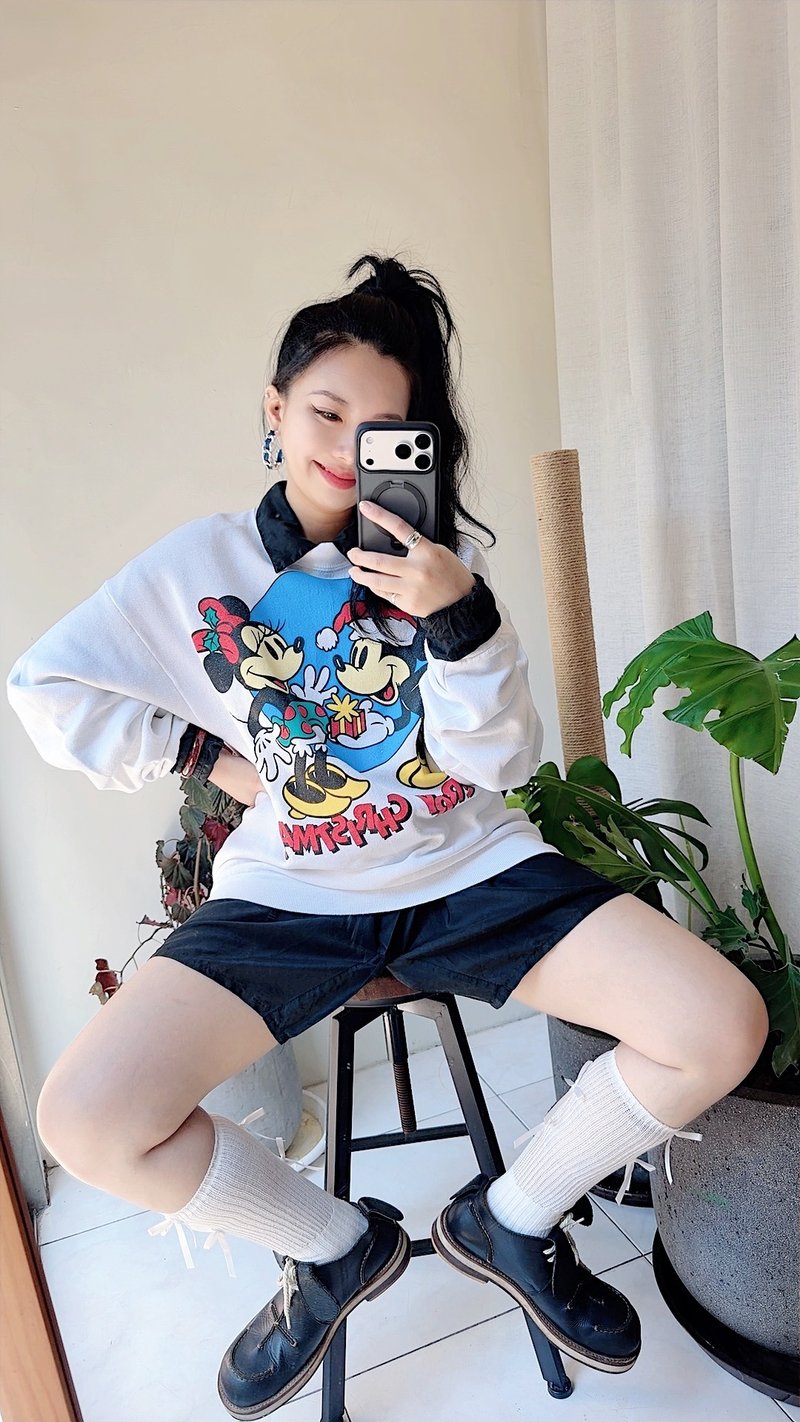U.S.A. sweatshirt 米奇米妮迪士尼系列 宽松大尺寸古着大学T卫衣 - 中性连帽卫衣/T 恤 - 棉．麻 白色