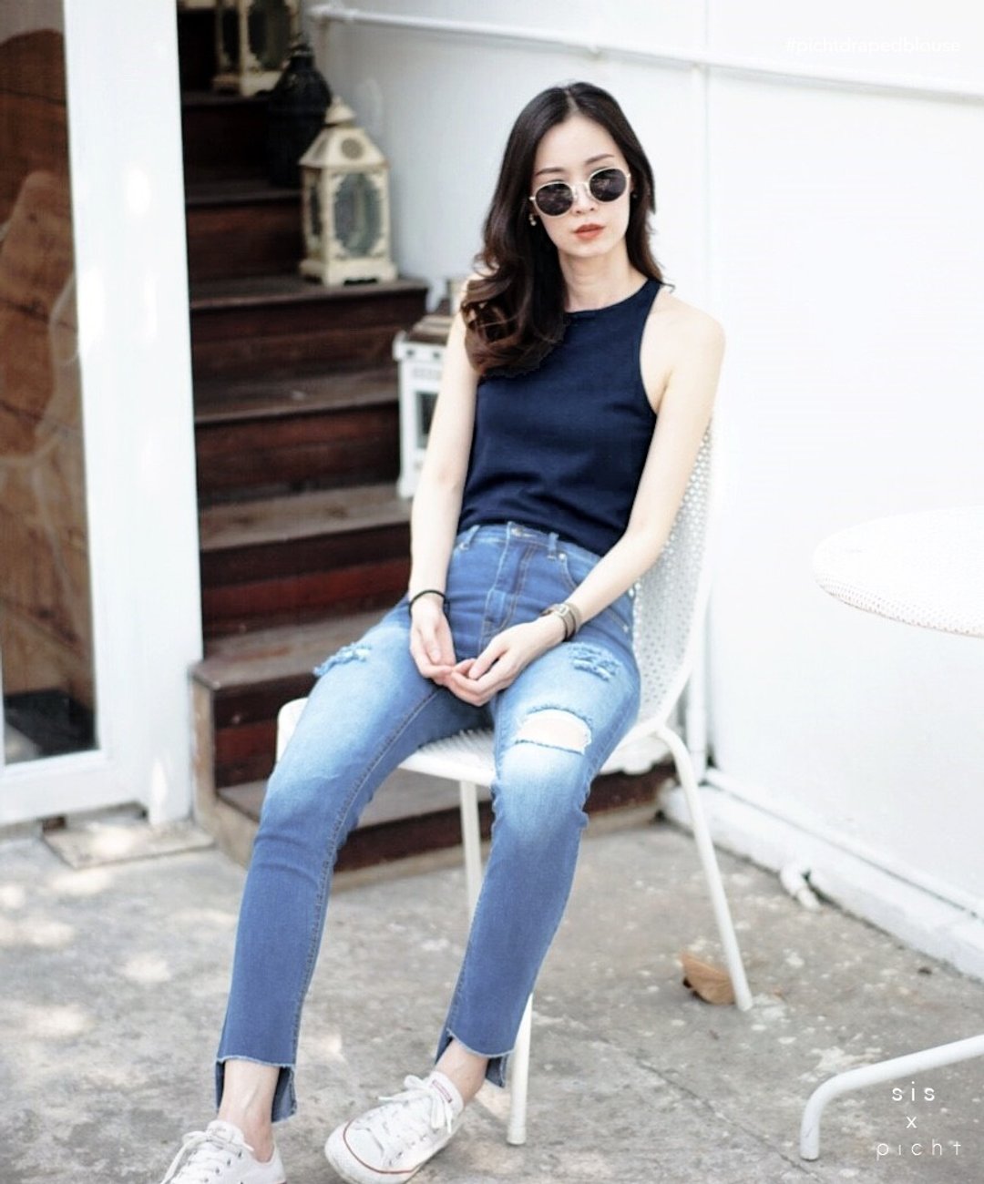 Racer-back tank top - navy - 女装背心 - 棉 蓝色