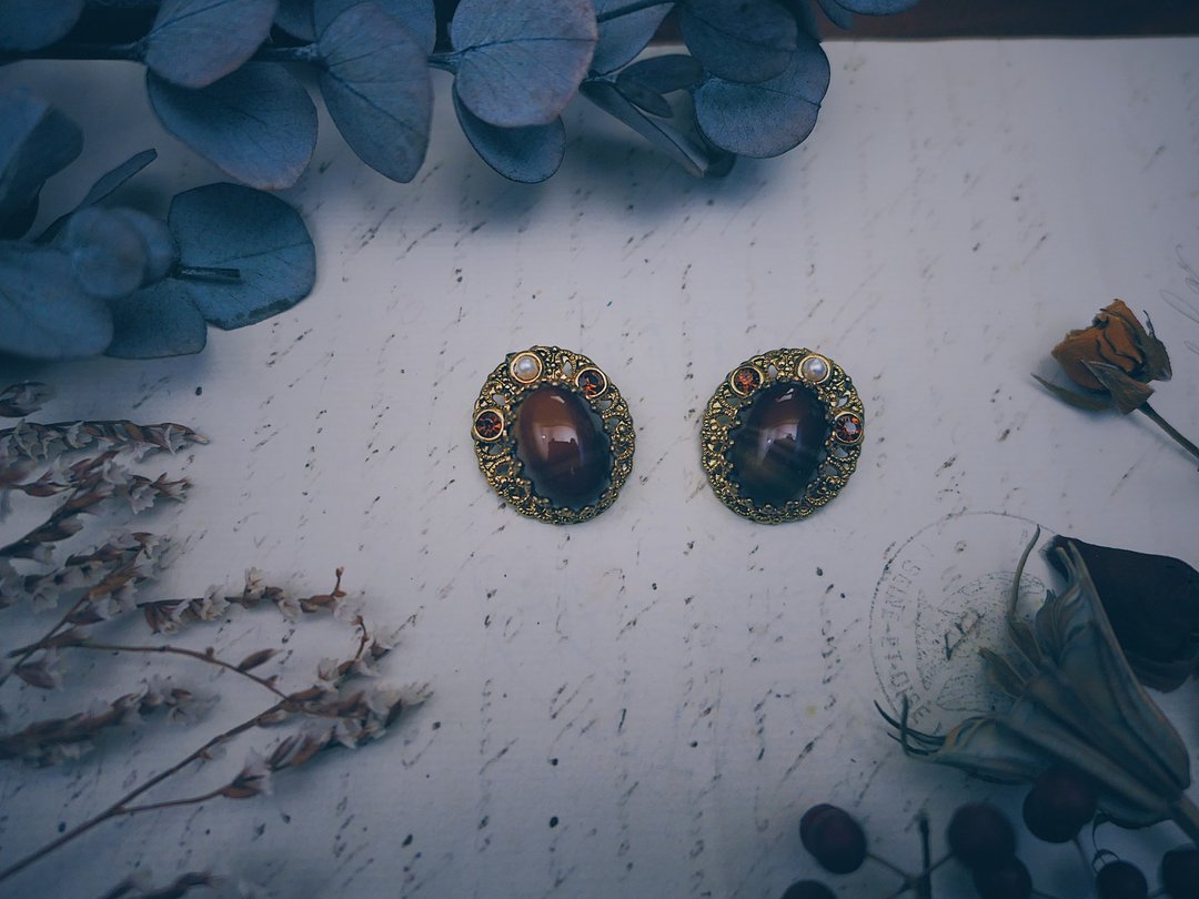 西德 掐丝虎眼珍珠耳环・欧洲古董首饰 Vintage Jewelr - 耳环/耳夹 - 其他材质 