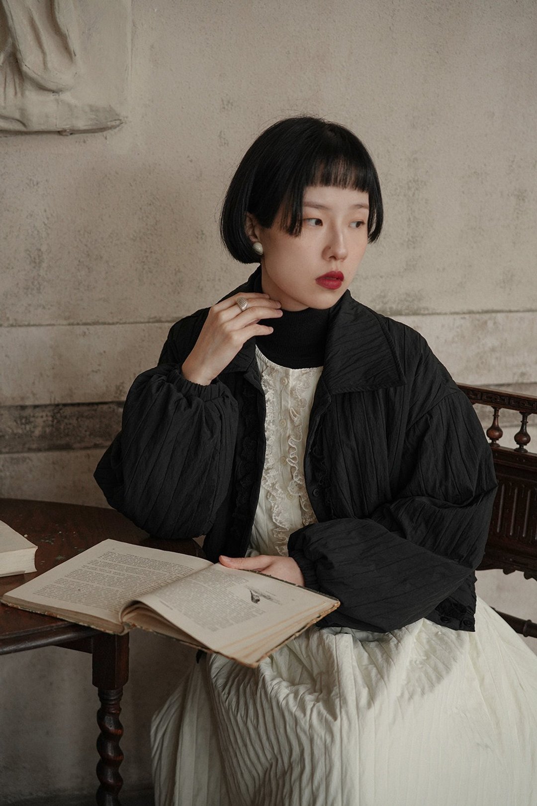 黑色 軟fufu面包棉服外套 洋氣蕾絲花邊小個子短款棉衣 - 女装休闲/机能外套 - 聚酯纤维 黑色
