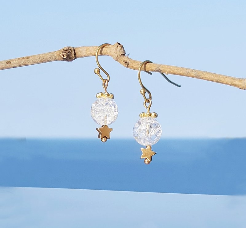 夏季星海派对-晶沙  爆花白水晶 黄铜耳环 极简 可爱 音乐祭 定制 - 耳环/耳夹 - 铜/黄铜 白色