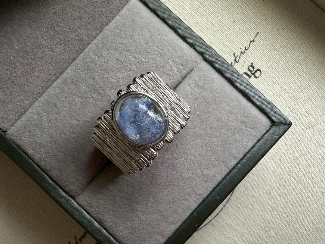 蓝线石 蓝发与白幽灵共生水晶 s 925银戒 - 戒指 - 水晶 